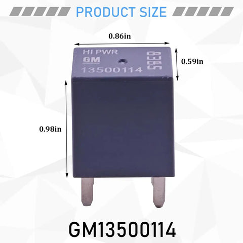 Top Shelf Hella Durable 12V DC 40 Ampere 4 Pin Multi Purpose Car Relay showing product dimensions and part number GM13500114.