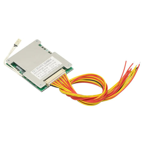 Kickass Heavy Duty 13S 48V 50A BMS Protection Board With Smart Cell Balancing And Triple Safety Guards For Your Custom Lithium Ion Battery Packs Gonna Run Smooth Daily with colorful wires and metal casing.