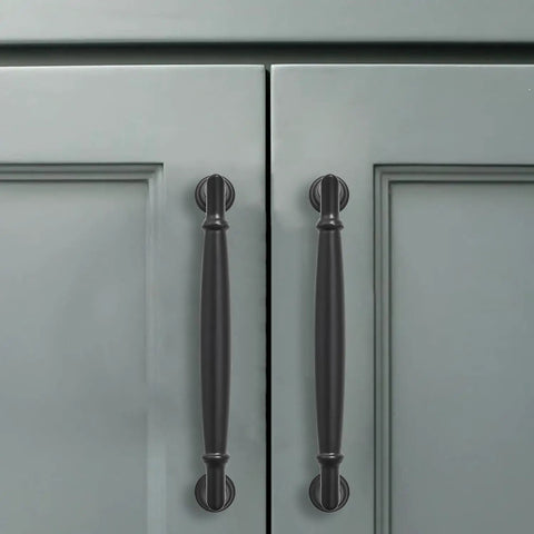 Premium Black Cabinet Pulls 10 Pack Rock Solid Zinc Alloy Kitchen Handles with 3.5 Inch Hole Centers for Dressers and Bedrooms Corrosion Resistant Durable Swanky Hardware Upgrade on gray cabinets.