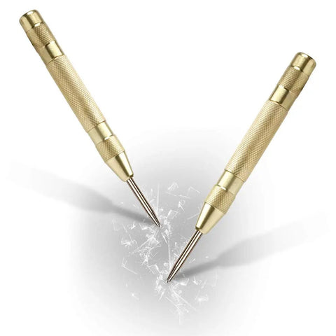 Two Pack Automatic Center Punch Kit 5.1 Inch Spring Loaded Drill Punch Tool Brass Window Spring Punch One Handed Operation Fixed Point Car Window Glass Breaker For Precise Center Marking And Piercing