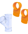 Powertec 4 Inch Integrated Blast Gate System With Patented Valve And Y Fitting For Dust Collection includes two orange blast gates and a Y pipe.