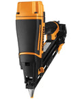 Pro Gear 15 Gauge Pneumatic Angle Finish Nailer With Dial Depth Control side view showing angled magazine and comfort grip handle.