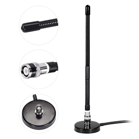 27MHz CB Radio Antenna Soft Whip With Magnetic Base for Handheld and Mobile Use, showing BNC and PL259 Male Connectors