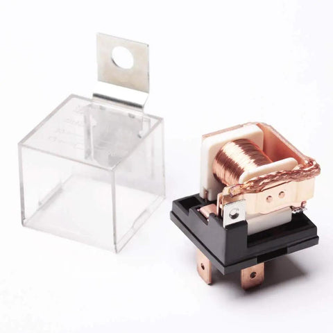 Open view of Air Horn Relay Wiring Harness Kit 12V 80A for cars, copper contacts, and relay base, durable housing visible