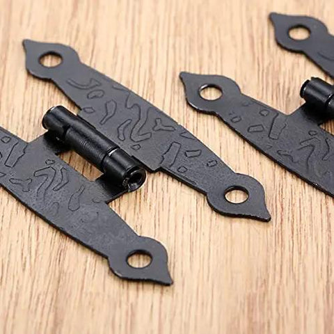 Two Pack Antique Black H Hinges For Cabinets And Boxes, vintage style zinc alloy with screws, rustic home decor on wood surface.