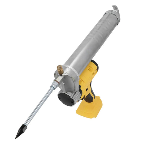 Beefy 8500 PSI Electric Grease Gun With Battery Powered Automatic Lubrication, yellow handle and metal tube.