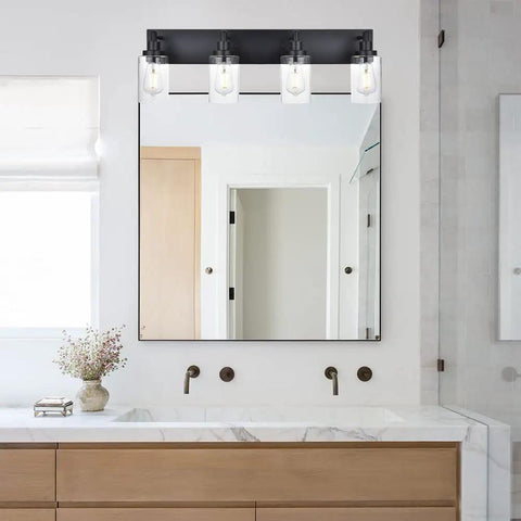 Black 4 Light Vanity Lighting Fixtures Over Mirror With Clear Glass Shades Modern Indoor Wall Mount Bath Bar for Bathroom