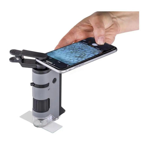 LED UV Pocket Microscope With 100x To 250x Zoom And Smartphone Clip Digiscoping A STEM Ed Tool For Students And Makers Delivers Sharp Images And Easy On The Go Documentation, handheld with phone clip