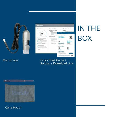 USB Microscope With 20x To 50x Zoom And 200x True Magnification, 0.3MP 640x480 Live Video At 30 FPS, Eight LED Lights, Easy Setup For Students, Maker Friendly Hobbyists, And Pros. In-box microscope, guide, software link, and carry pouch.