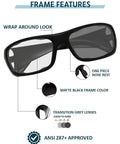 Top Tier Photochromic Safety Glasses With Transition Lenses Shifting Clear To Gray Shades Outdoors Built Different With Wrap Around Design, matte black frame design.