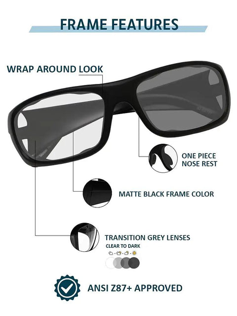 Top Tier Photochromic Safety Glasses With Transition Lenses Shifting Clear To Gray Shades Outdoors Built Different With Wrap Around Design, matte black frame design.