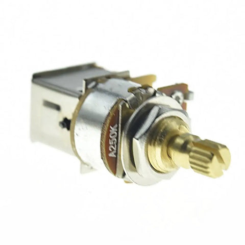 Close-up of Full Brass Shaft Push Push Pot For Guitar And Bass With Audio Taper Potentiometer A250K showing the 16mm shaft.