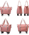 Expandable Travel Tote Bag With Trolley Sleeve And Wheels, Waterproof Oxford Duffel, Pink, Side and Front Views, 22-Inch Expanded