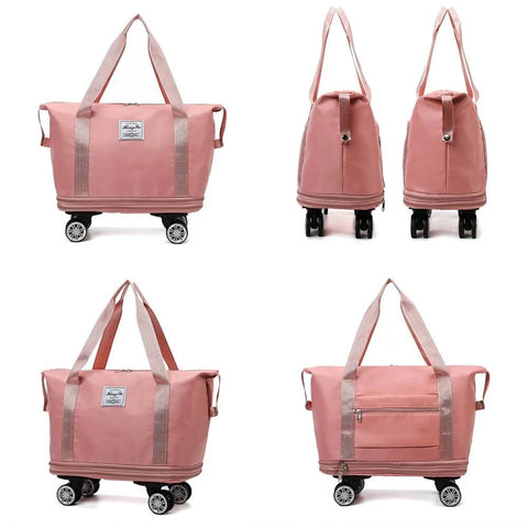 Expandable Travel Tote Bag With Trolley Sleeve And Wheels, Waterproof Oxford Duffel, Pink, Side and Front Views, 22-Inch Expanded