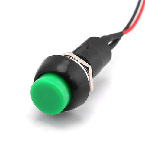 Green button component for DC Motor Speed Controller Dope PWM 6V 12V 24V 48V 60V 30A Adjustable Speed Regulator with wires attached.