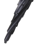 Get This Pro Step Drill Bit Set With 5 Flute M35 Cobalt Twist Bits For Metal And Wood That Makes Burry Smooth Holes In Stainless Steel Aluminum Copper Fast Without Changing Tools, black step drill bit close-up