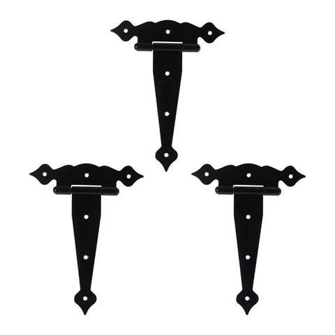 Heavy Duty Black T Shaped Door Hinges Decorative Flower Strap Design For Barn Doors And Outdoor Fences. Three 20cm hinges.