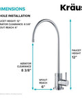 Diagram showing Purita Lead-Free Kitchen Water Filter Faucet dimensions, 12 inch height, 6 inch reach, chrome finish.