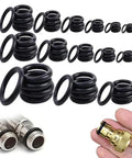 O-ring kit, 225 pieces, 20 sizes, black rubber; front view with brass connector and metal hose ends.