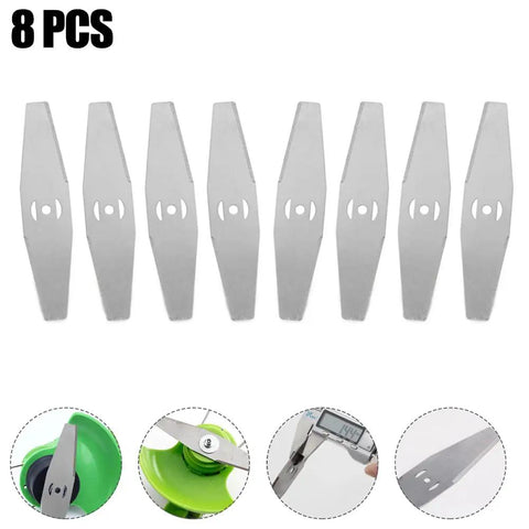 Eight Piece Metal Lawn Mower Saw Blades And Replacement Heads Set For Cordless Mowers, Universal Attachments For Most String Trimmers, Includes Battery And Charger Accessories For Easy Yard Work.