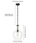 11 Inch Mid Century Modern Pendant Light With Clear Glass Dome Shade And 6 Foot Adjustable Cord For Kitchen Islands, Dining Rooms Or Game Rooms In Blackened Bronze Super Sleek with dimensions