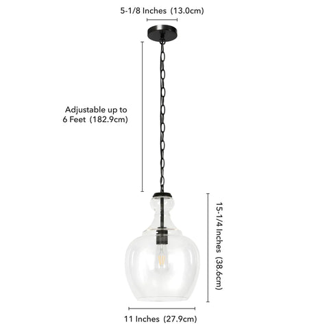 11 Inch Mid Century Modern Pendant Light With Clear Glass Dome Shade And 6 Foot Adjustable Cord For Kitchen Islands, Dining Rooms Or Game Rooms In Blackened Bronze Super Sleek with dimensions