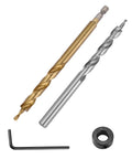 Heavy Duty Pocket Hole Drill Bit Kit With Depth Stop Collar And Hex Shank For Jig Systems. Includes Replacement Twist Step Bit For Precise Wood Joinery Projects And Easy Assembly Every Time. two drill bits, stop collar, and hex key