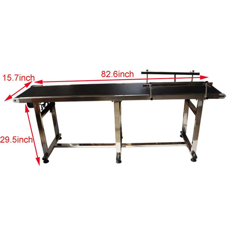 110V PVC Belt Conveyor With Double Guard Rails, 82.6 Inch Long, 15.7 Inch Wide, Stainless Steel Frame, Side View