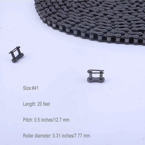 41 Gauge Roller Chain For Electric Gate Openers 20 Ft with Two Connecting Links shown with size details of 0.5 inch pitch and 0.31 inch roller diameter