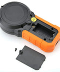 Digital Light Meter Lux Meter PM6612 and PM6612L with 200000 Lux High Range Auto Manual Range Data Hold Min Max Readouts Handheld Photometer Luminometer Workhorse for Lighting Photography Horticulture, rear view black and orange ABS body with battery cover off
