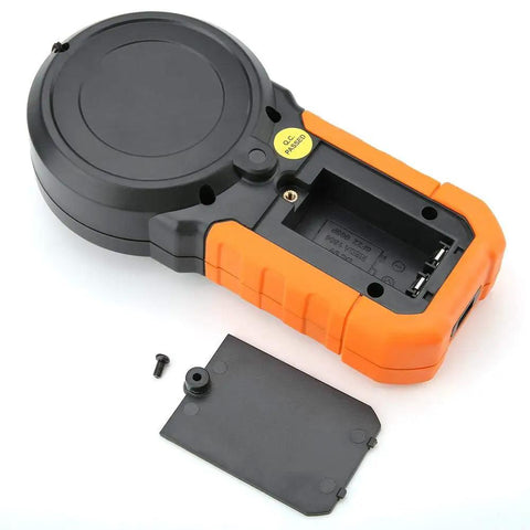 Digital Light Meter Lux Meter PM6612 and PM6612L with 200000 Lux High Range Auto Manual Range Data Hold Min Max Readouts Handheld Photometer Luminometer Workhorse for Lighting Photography Horticulture, rear view black and orange ABS body with battery cover off