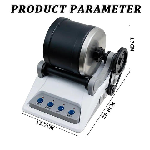 Pro Grade Rock Tumbler Kit Electric Gemstone Stone Polisher with timer buttons and measurements displayed