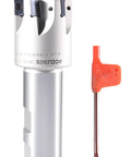 Beefy High Feed Indexable End Mill With One And A Half Inch Cutter Diameter And One Inch Shank Six Flutes Accepts LNMU030312R-JM Inserts Carbide With TiAlN Coating HFEM-1112 displayed with hex key