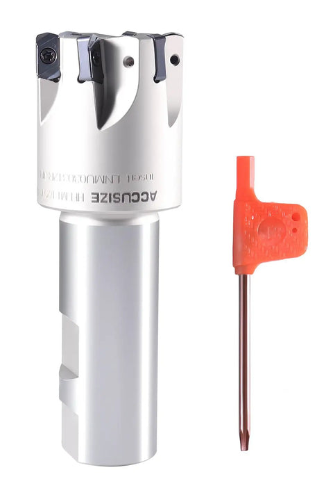 Beefy High Feed Indexable End Mill With One And A Half Inch Cutter Diameter And One Inch Shank Six Flutes Accepts LNMU030312R-JM Inserts Carbide With TiAlN Coating HFEM-1112 displayed with hex key