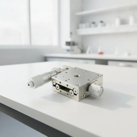 Manual XY Linear Guide Stage With Fine Knob Control Two Axis Precision Sliding Table For Optical Setups Lab Fixtures Prototyping on white bench