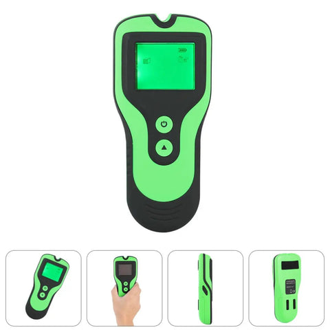 Electronic Wall Finder Detects Wood Metal Studs and Live Wire with LCD display in green and black design, handheld use.