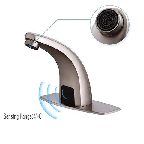 Automatic No Touch Bathroom Faucet With Motion Sensor Hands Free Sink Mixer in Brushed Nickel showing sensor range 4"-8"