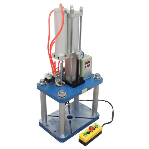 Tough As Nails Pneumatic Punch Press Machine With Crisp Digital Display Controller and No Sweat Adjustable Stroke for Dead On Sheet Metal Hole Punching and Quick Milling Jobs, showcasing compact design and control unit.