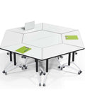 Foldable Office Desk With Hella Smooth Rolling Wheels And Rock Solid Steel Frame, Adjustable Mobile Computer Workstation For Compact Spaces, No Sweat Assembly, Durable Study Table For Modern Home Setups with hexagonal shape and rolling wheels.