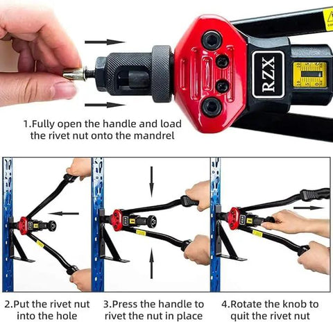 Heavy Duty Rivet Nut Tool Hand Blind Riveter with 16 Inch Carbon Steel Arm and tool free quick change head in use instructions