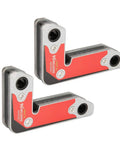 Heavy Duty 2-Piece Magnetic Welding Clamps For Perfect 30 60 And 90 Degree Angles With Super Strong Iron Boron That Holds Tight Up To 30kg Pull Off Force For All Your Welding Soldering And Pipe Projects This Tool Is A Total Game Changer For Any Pros Or in red and gray color, showing two clamps at 90-degree angle.