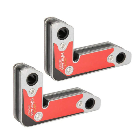 Heavy Duty 2-Piece Magnetic Welding Clamps For Perfect 30 60 And 90 Degree Angles With Super Strong Iron Boron That Holds Tight Up To 30kg Pull Off Force For All Your Welding Soldering And Pipe Projects This Tool Is A Total Game Changer For Any Pros Or in red and gray color, showing two clamps at 90-degree angle.