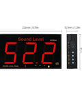 Sound Level Meter With Massive LCD Screen For Real Time Noise Monitoring Wall Mount Or Free Stand Digital Decibel Meter With Alarm SPL Meter 30 To 130 DB Measuring Range Easy Read Full Screen Display showing dimensions and control buttons.