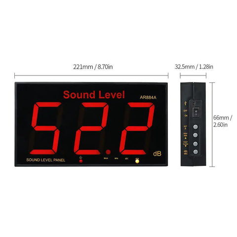 Sound Level Meter With Massive LCD Screen For Real Time Noise Monitoring Wall Mount Or Free Stand Digital Decibel Meter With Alarm SPL Meter 30 To 130 DB Measuring Range Easy Read Full Screen Display showing dimensions and control buttons.