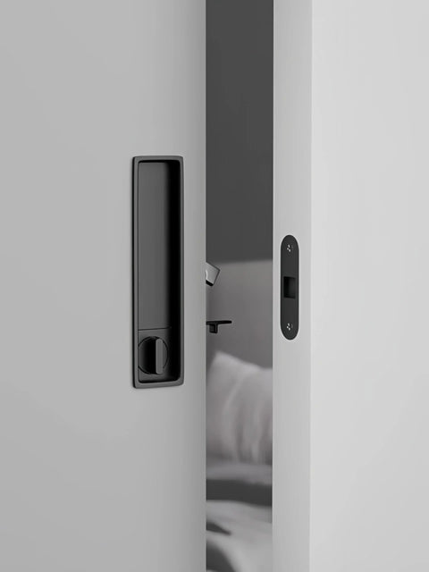 Concealed Edge Pull Pocket Door Lock With Privacy Function For Recessed Sliding Doors Fits Doors With Thickness From One And A Half To Nearly Two Inches Matte Black Rectangle Mortise Lock And Hidden Pull Handle For Seamless Operation.
