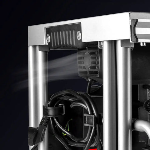 Close-up of Portable Benchtop Table Saw With 5500 Rpm High Speed Motor, showcasing the motor and frame for woodworking.