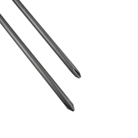 Close-up of two bits from the Six Piece One Quarter Inch Hex Shank Phillips Screwdriver Bits Set With Magnetic Cross Heads, Long 5.9 Inch Bits Sizes 3mm PH1 4mm PH1 4.5mm PH1 4.5mm PH2 5mm PH2 6mm PH2 S2 Alloy Steel Pro Grade Construction.