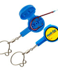 Knot Tying Tool For Safe Tackle With Hook Guard Cover And Built In Line Cutter, blue, multifunction fishing accessory in open position.