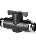 Air Flow Control Ball Valve For Pneumatic Systems One Quarter Inch Outer Diameter Push To Connect Fitting Black Plastic Copper Body