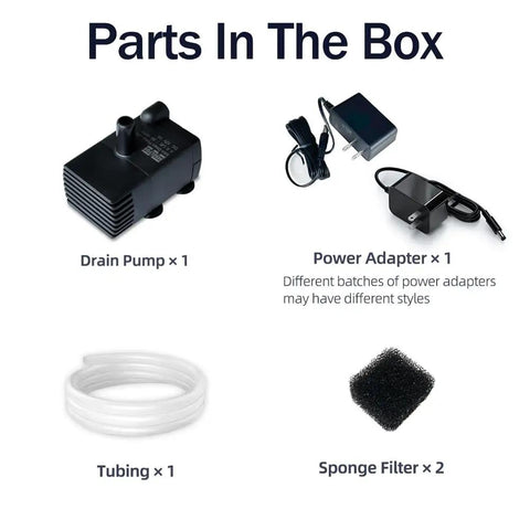 Plug And Play Compact Sump Pump With Water Sensor For Condensate Removal, power adapter, tubing, sponge filter shown in box contents